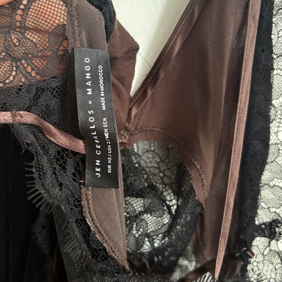 Jen Ceballos x Mango Dress Brown Velvet Black Lace Trim Maxi Long Wedding Guest - Picture 14 of 16